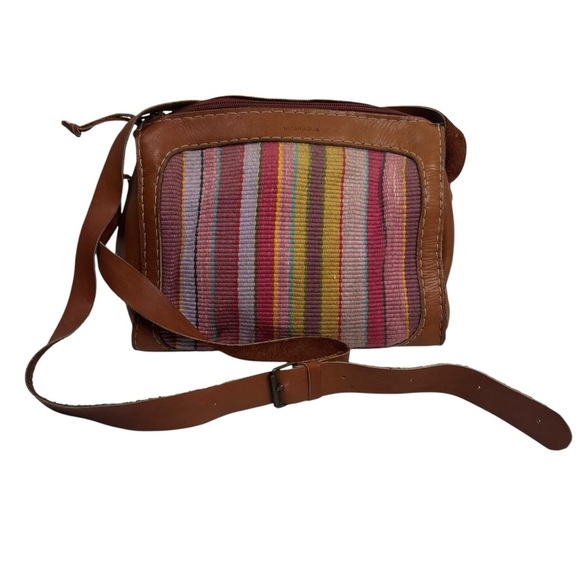 MALINCHE Crossbody Purse Tan Leather with Colorful Pastel Cloth Panel - Picture 4 of 13